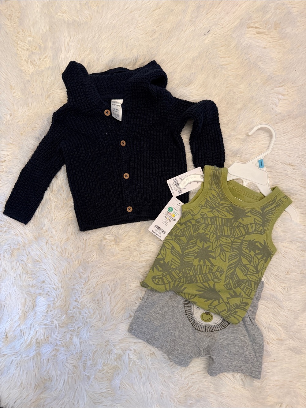 NWT Carters Toddler Knit Hooded Cardigan + Green Tank & Gray Shorts Set 6M